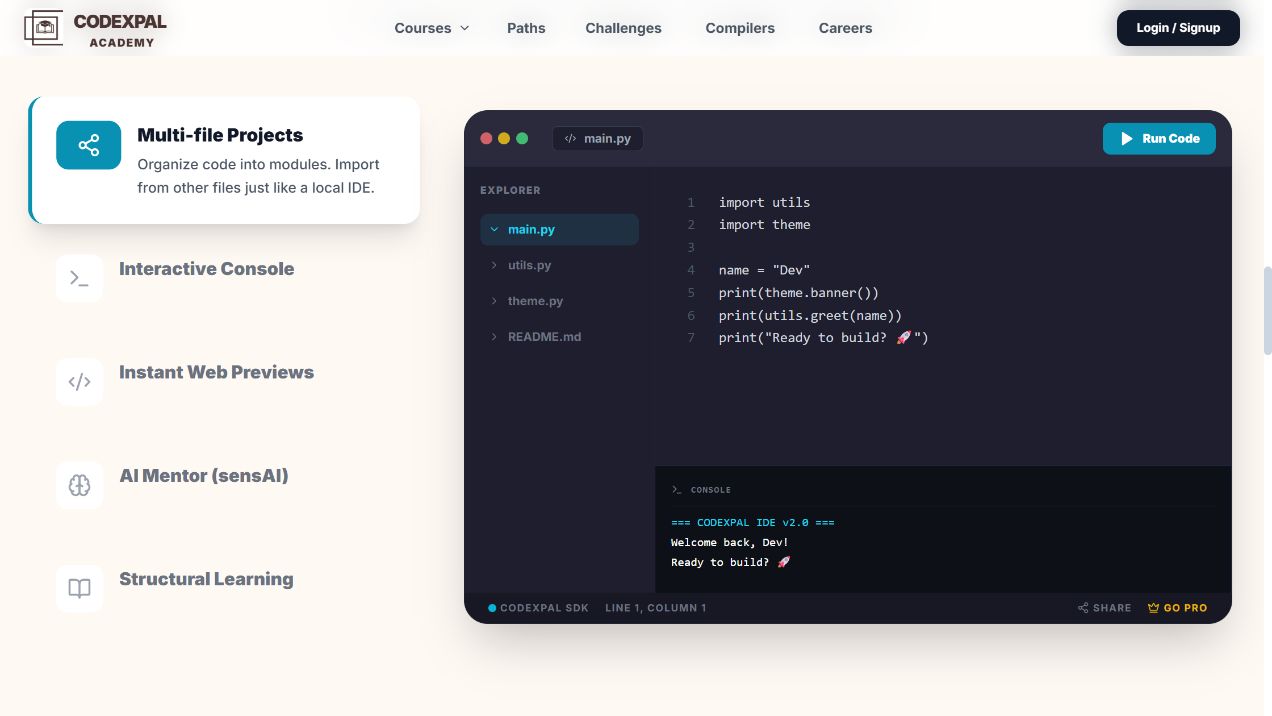 CodexPal Learn live coding workspace